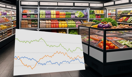 KI generiertes Bild, das beispielhaft Kühlanlagen in einem Supermarkt zeigt inklusive einer Trendgrafik im Vordergrund.