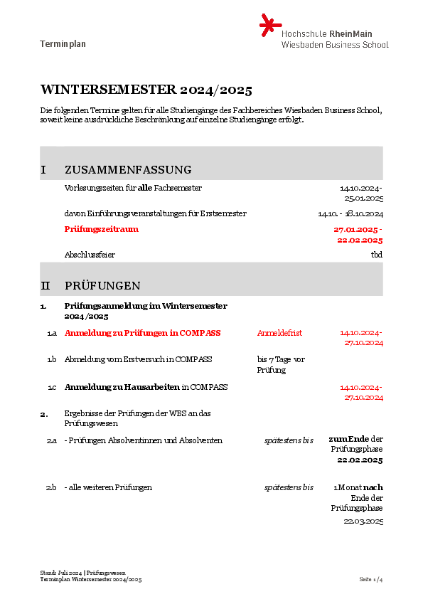 Terminplan Wiesbaden Business School