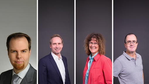 Vier Porträtfotos von Prof. Dr. Daniel Münstermann, Prof. Dr.-Ing. Christian Glockner, Prof. Dr. rer. nat. habil. Ulrike Stadtmüller, Prof. Dr. rer. nat. Peter Dannenmann