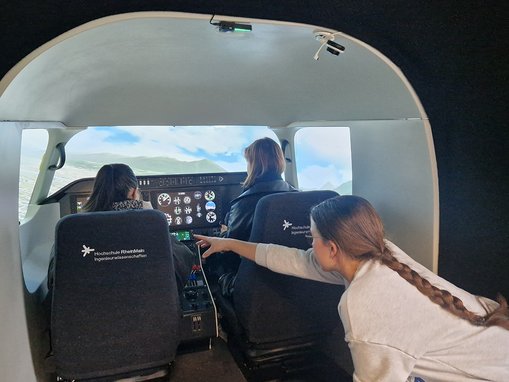 Drei Teilnehmerinnen sitzen im Cockpit des Flugsimulators   