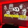 Blick auf die Leinwand mit einer Collage von Spitzensportler:innen der Hessischen Hochschule für öffentliches Management und Sicherheit und der Hochschule RheinMain, darüber der Text „Sportlerempfang 2024“